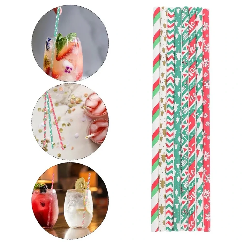 Festive Disposable Degradable Straws - Red, Green, White, Christmas